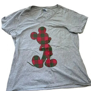 Mickey Magic Grey Plaid Xmas Holiday Women's V-Neck Tee XL